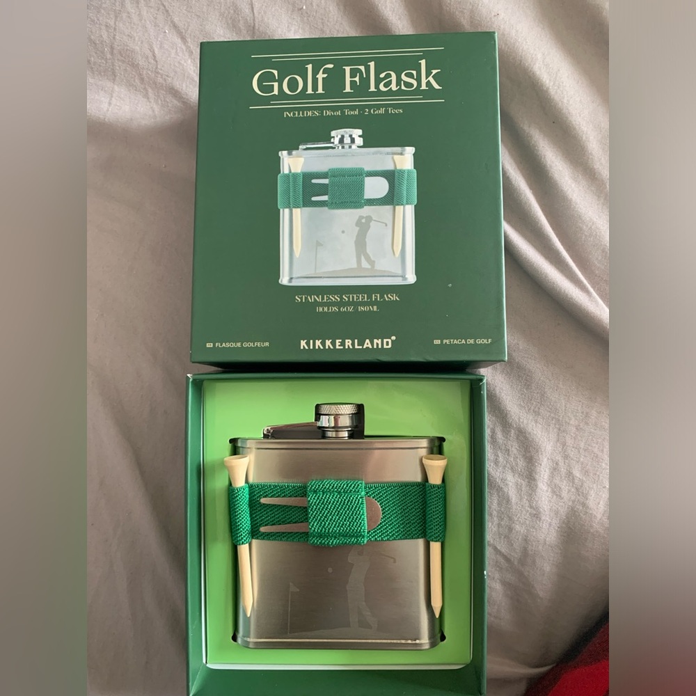 Kikkerland Stainless Steel Flask with golf image and golf tees
